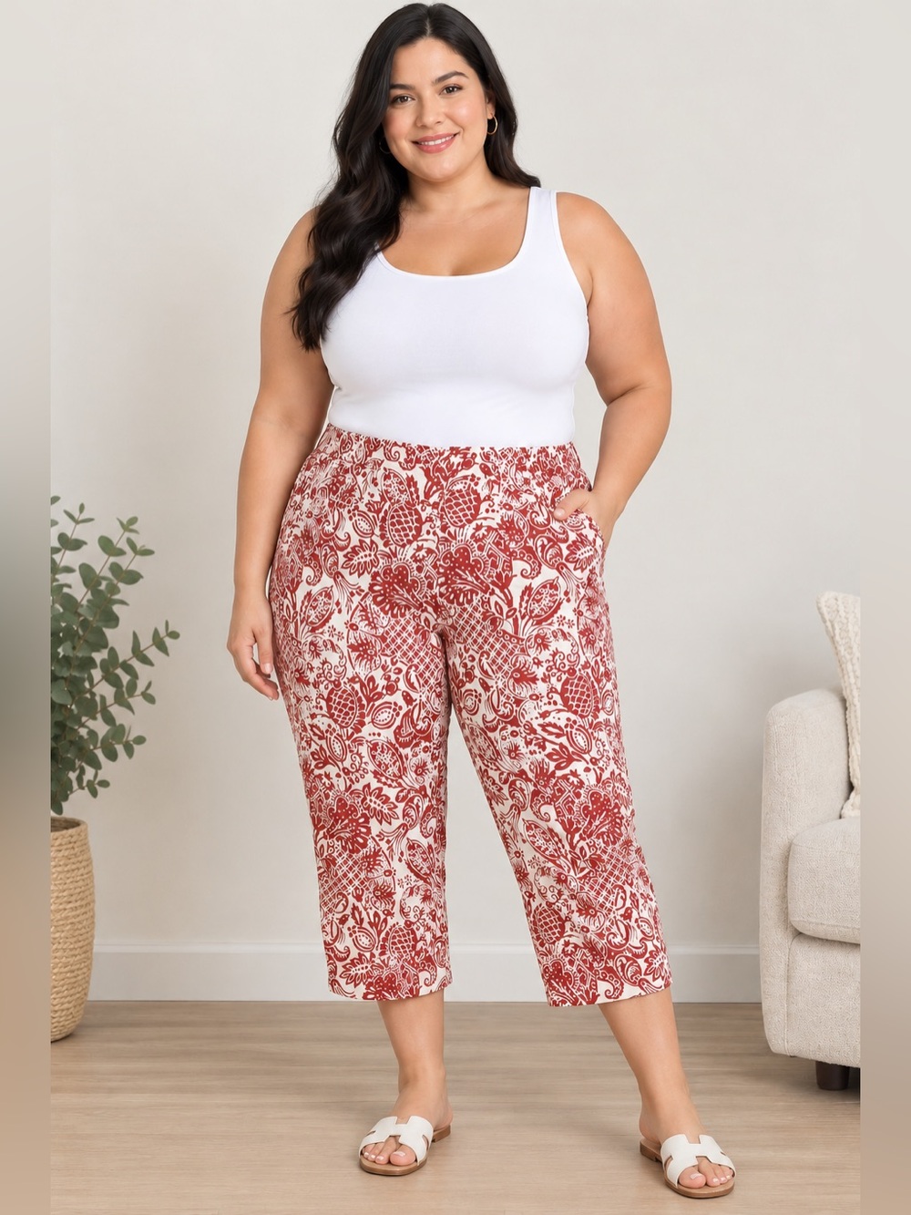 Ann Taylor Factory Cream and Red Floral Pull-On Crop Pants